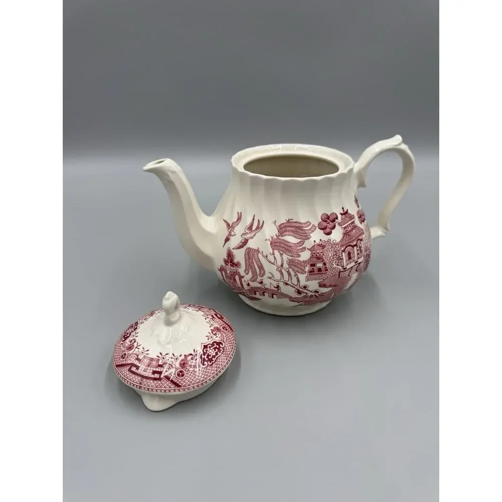 Vintage Royal Wessex Willow Rosa Red White Lidded Teapot Asian Design